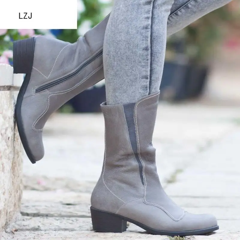 

LZJ New 2019 Designed Genuine Leather Boots Women Spring Autumn Boots Cow Leather Mid-calf Botines Mujer Shoes Plus Size 43