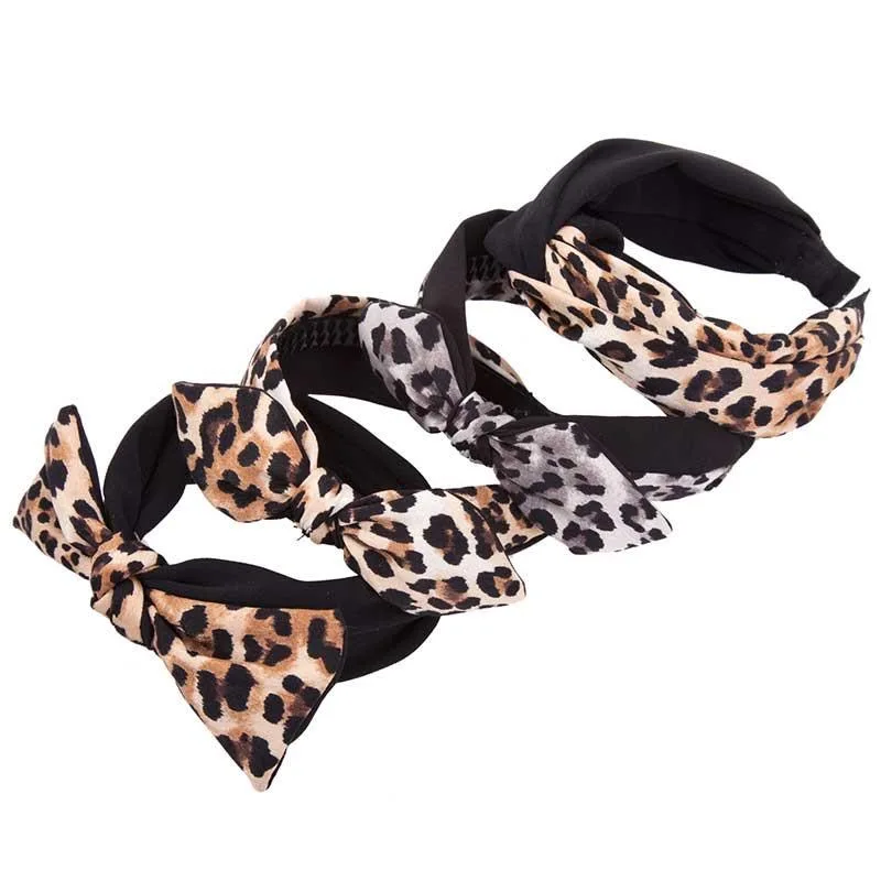 Повязка для волос с леопардовым принтом и бантом широкая простая