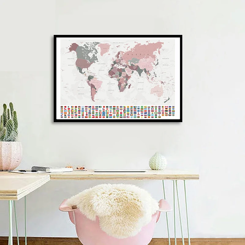 

The World Map with National Flags 84*59cm Spray Canvas Painting Retro Wall Art Poster Classroom Home Decor School Supplies
