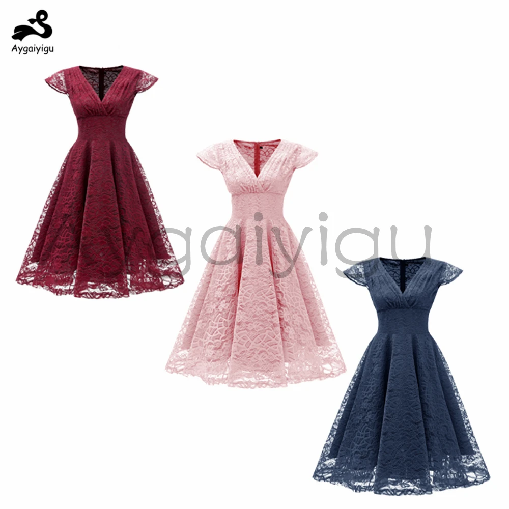 Женское кружевное платье-миди с V-образным вырезом и рукавом-лепестком | Женская
