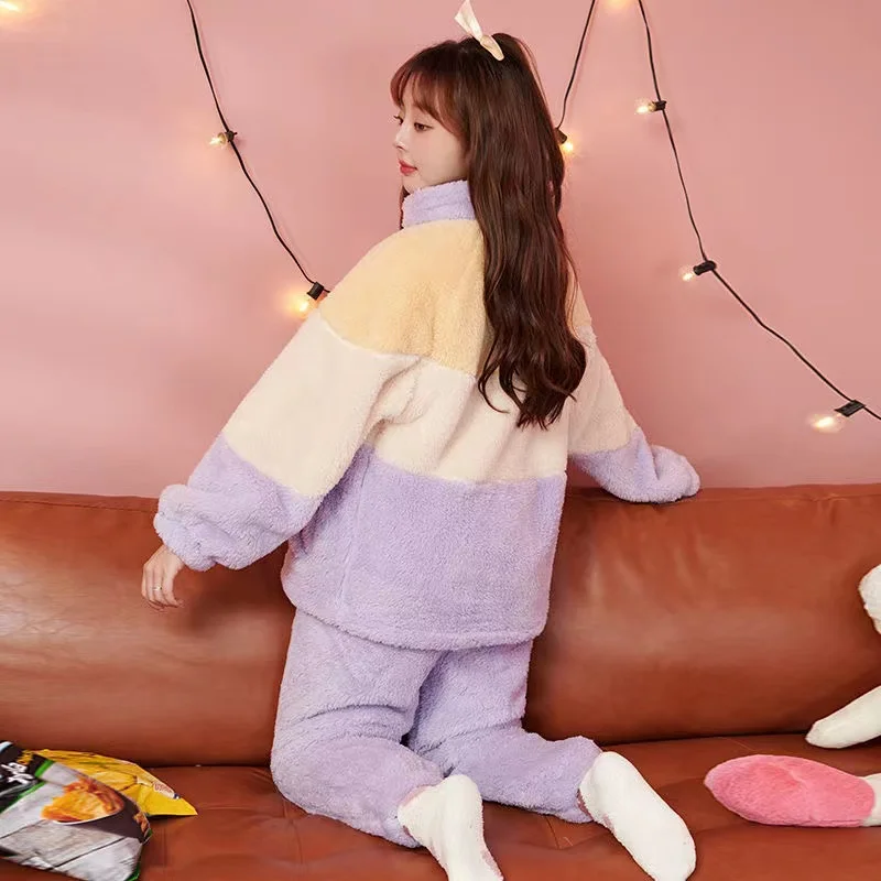 Coral Fleece Pajamas Sets For Women Winter Thick Warm Sleepwear 2 Pieces/Set Loungewear Pyjamas Suit Homewear Clothes