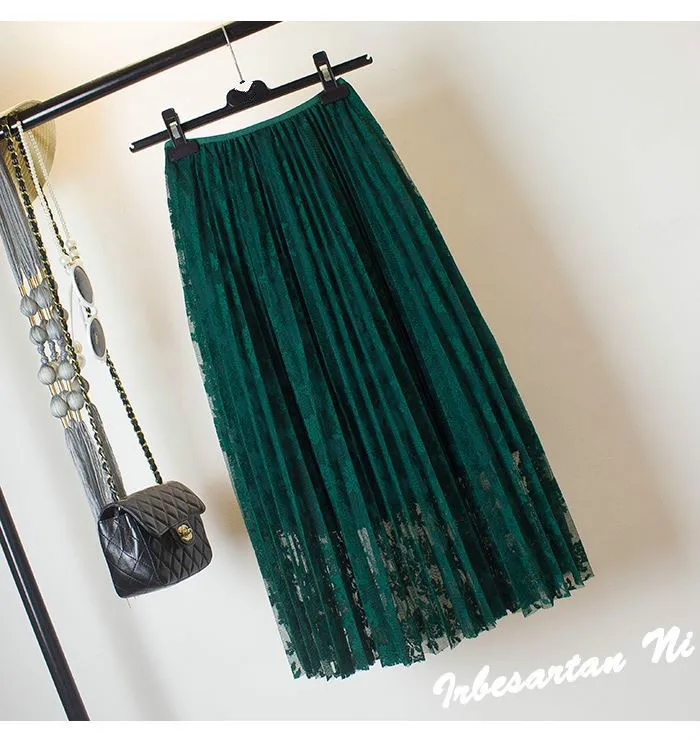 High Waist Lace Skirts Casual Embroidered A-line Pleated Skirt Female Winter Faldas Lining Spring Autumn Mid-Calf Women