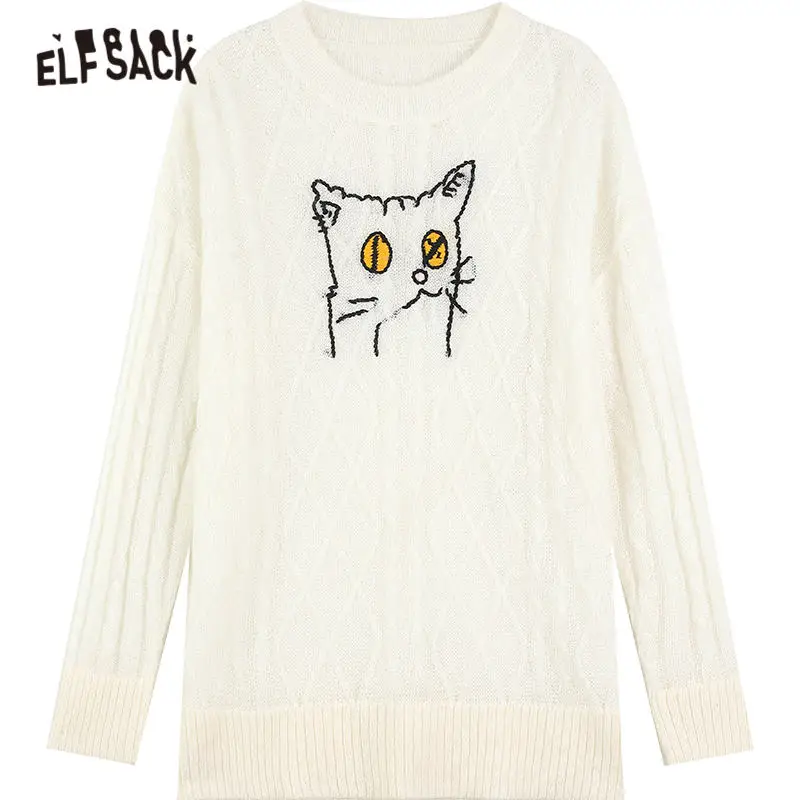 

ELFSACK Cat Jacquard Korean Women Knit Pullover Sweaters,2021 Spring Vintage Minimalist,Casual Female Basic Daily Cute Top