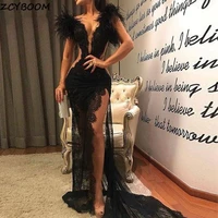 black mermaid split evening dresses 2022 sexy women formal party night elegant v neck lace feather sleeveless long prom gowns