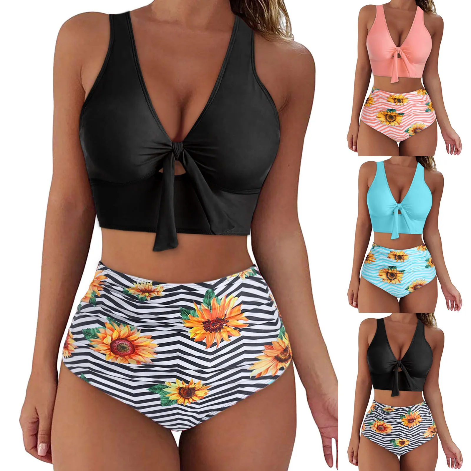 

Women Sunflower Print Bikini Set Push Up Bathing Swimwear High Waist Swimsuit