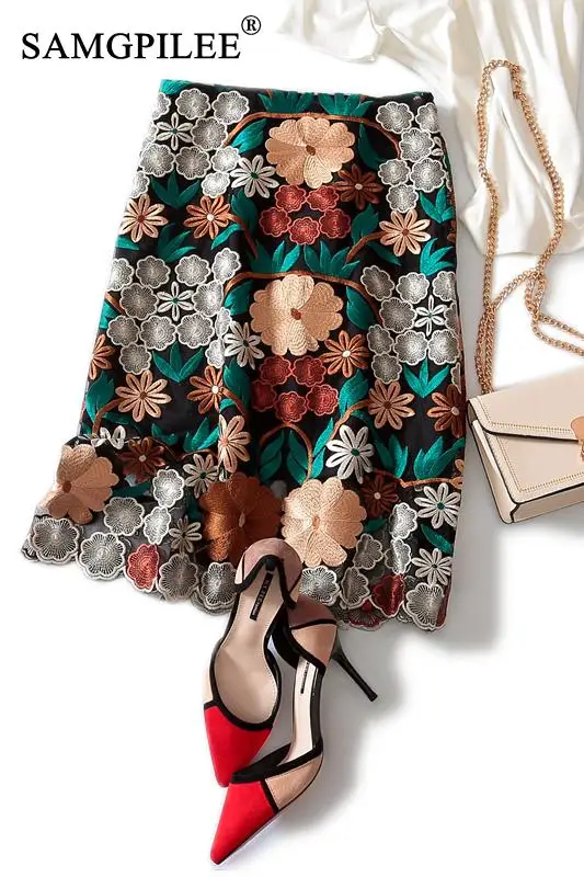 

Skirts Women Fashion 2021 Casual Skirt Korean Style Print A-line Embroidery Knee-length Empire Plus Size Women High Waist Skirt