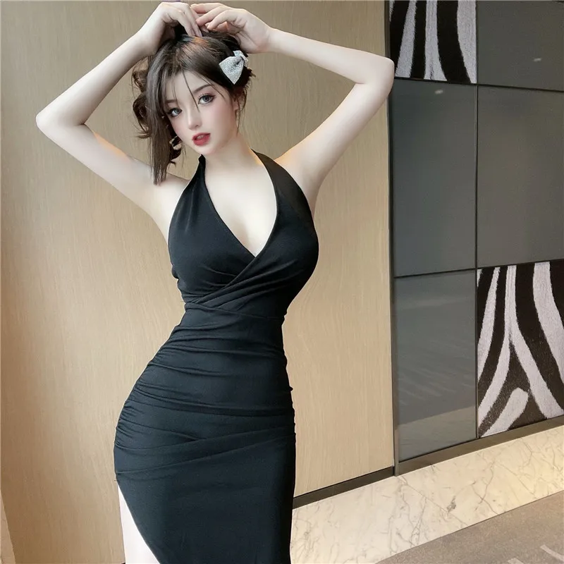 

Real Shot 2021 New Fashion Hollow Open Back Sexy Halter Neck Design Irregular Dress