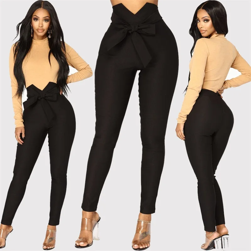 

Fashion Women High Waist Casual Pants Fashion Ladies Bowknot Long Slim Skinny Pants Bandage Elastic Pencil Trousers With Sashes
