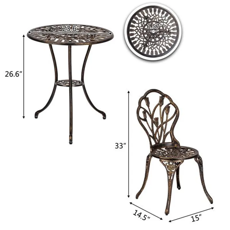 

European Style Cast Aluminum Outdoor 3 Piece Tulip Bistro Set of Table and Chairs Bronze