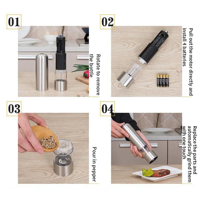 

Stainless Steel Electric Pepper Mill Grinder Salt & Pepper Mill Cutter Kitchen Seasoning Tools Accessories for Cooking