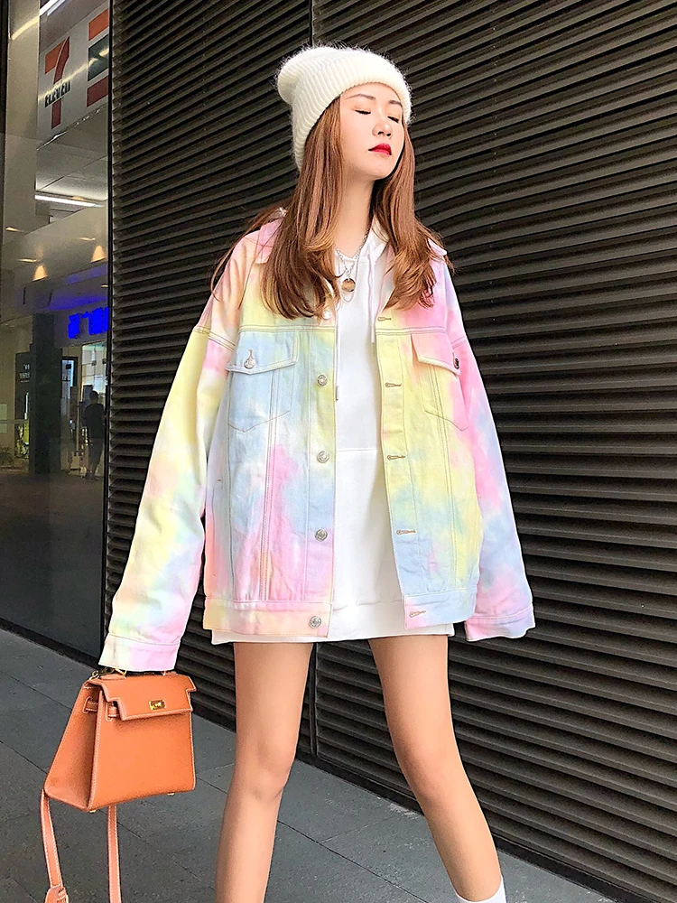 

Spring plus size denim jacket Korean casual loose color tie-dye Gradient print jacket jean jacket women oversized coat outerwear