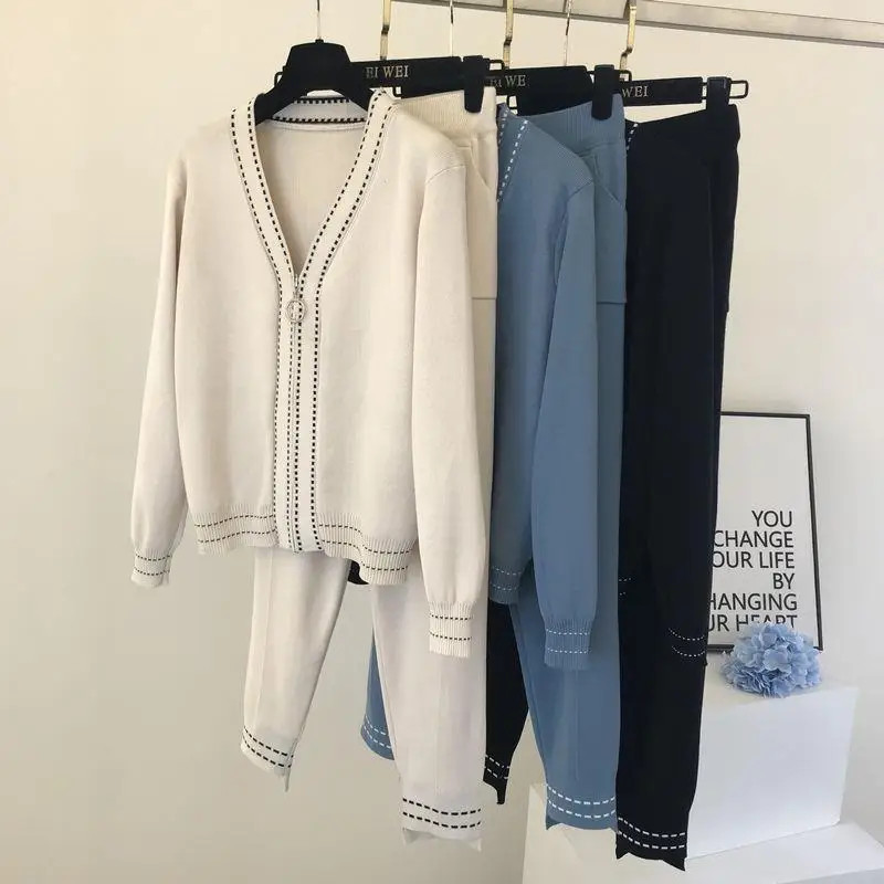 

Женский трикотажный комплект из 2 предметов, корейский костюм на молнии с V-образным вырезом, кардиган в стиле пэчворк, свитер, наряд, повседн...