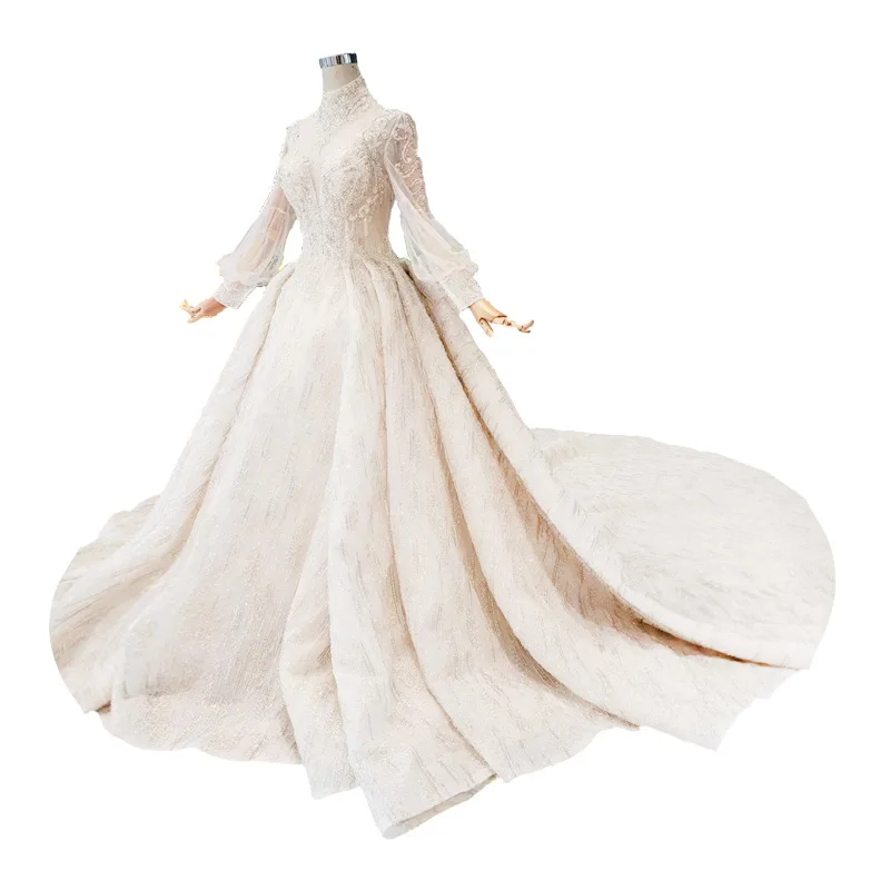Sample Luxury 180cm Royal Train Bead Crystal Sequin Lace Bridal Gown Tulle Long Sleeves High Neck Wedding Dress vestido de novia