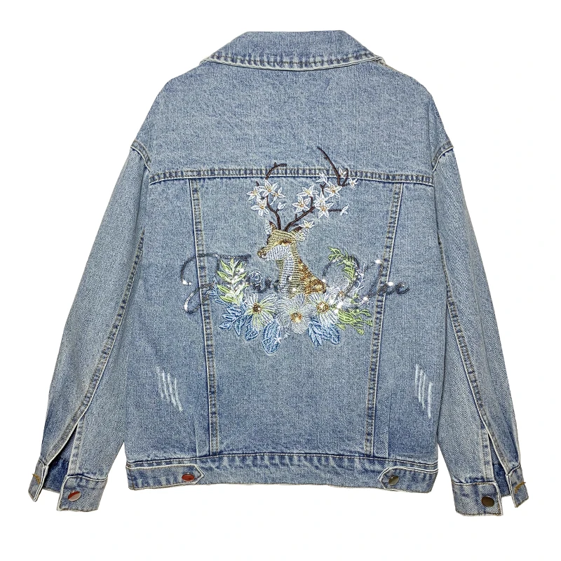 

пастушка куртка Harajuku Embroidered Denim Jackets Female Fashion Long Sleeve Lapel Hip-Hop Streetwear Jean Outerwear 2021 New