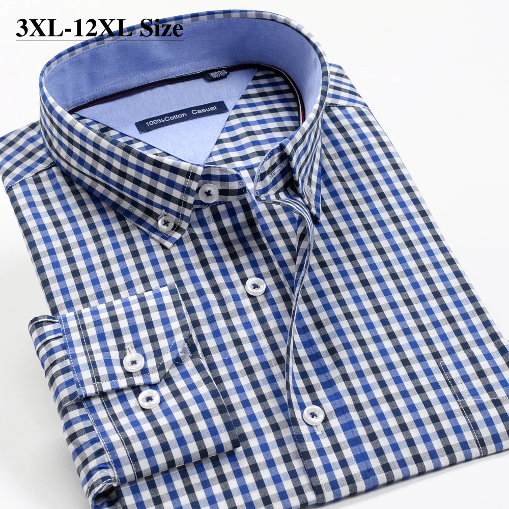 

Spring Autumn New Men's Long Sleeve Shirt Business Casual Plaid Printed 100% Cotton Loose Men's Shirt Large Size 9XL 10XL 12XL