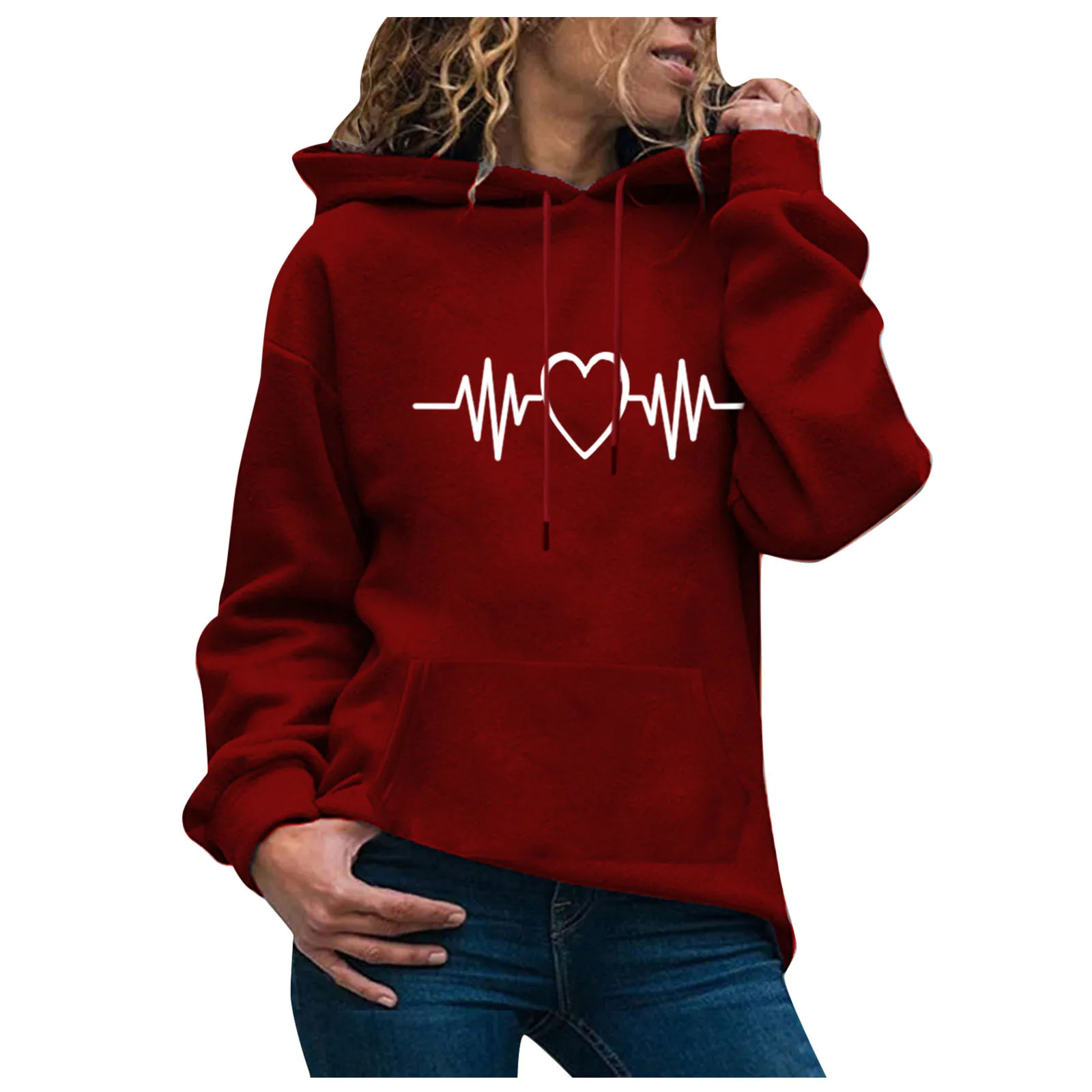 2021 Valentine's Day Love Cardiogram Printing Sweatshirt Women Print Long Sleeve Casual Hooded Casual Pullover Top Blouse #dz