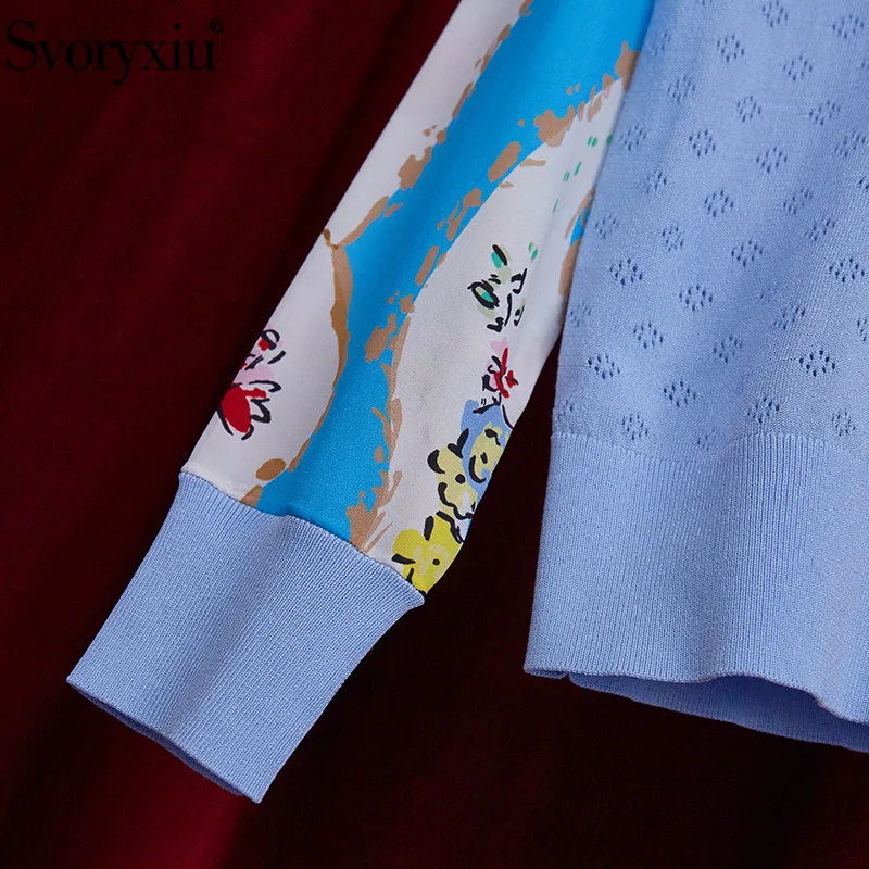 

Svoryxiu Fashion Hollow Out knitting Patchwork High-End Silk Flower Print Sweater Coat Women's Spring Summer Blue Cardigan