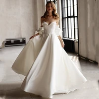 sweetheart three quarter sleeves wedding dress 2021 new elegant satin backless a line sweep train for women sashes bride gown