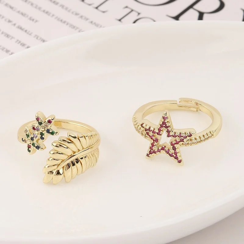 

High Quality Star Flower Leaf 3A Zircon Gold Open Ring Resizable Adjustable Fashion Colors Crystal Jewlery Ring for Women Girls