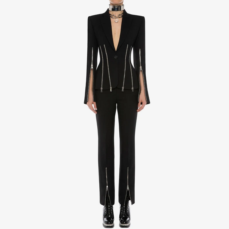 INDRESSME, новинка, модный блейзер с v-образным вырезом, на молнии, с длинным рукавом, приталенный брючный костюм с разрезом, в стиле панк, комплект из двух предметов