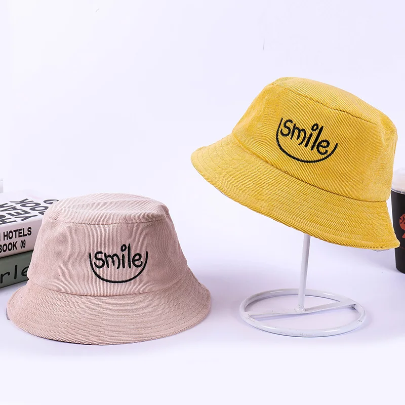 

OUNIAN004 New spring women casual corduroy bucket hat Adult men adjustable panama cap Smile embroidery sun cap gorros