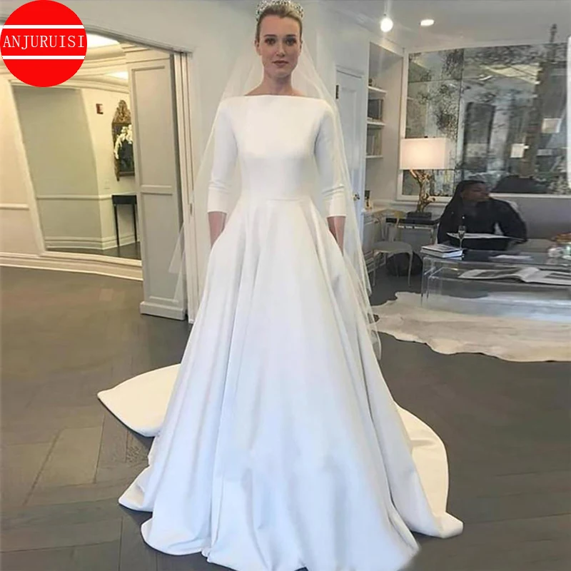 Свадебное платье с рукавом три четверти 2020 г. Meghan Markle Style вырез лодочкой пуговицы