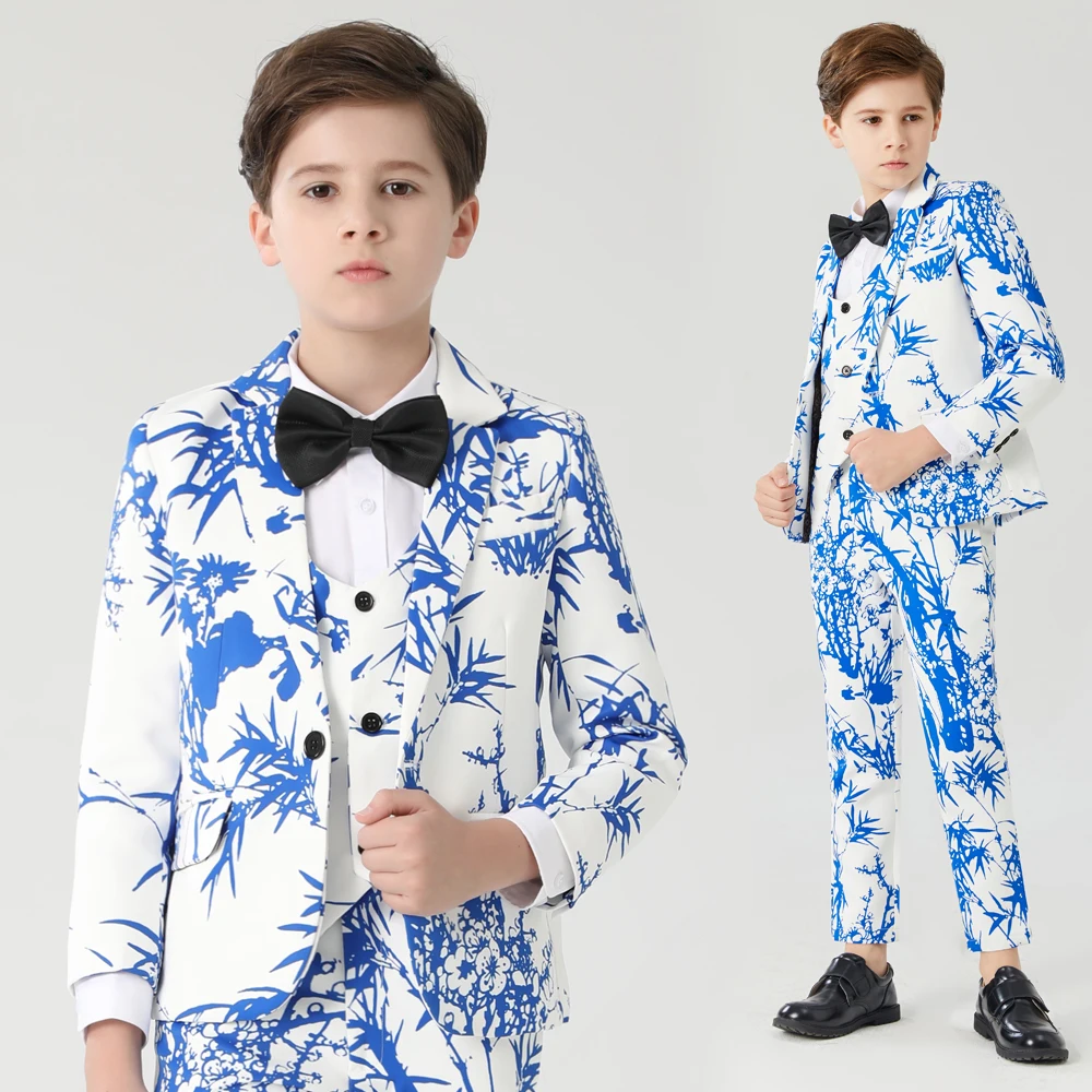 Детский синий костюм с принтом бамбука мужской из трех предметов цветочным