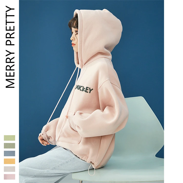 Merry Pretty, женские толстовки Harajuku с мультяшной вышивкой, флисовые толстовки, зимние толстые теплые розовые пуловеры с карманами и капюшоном