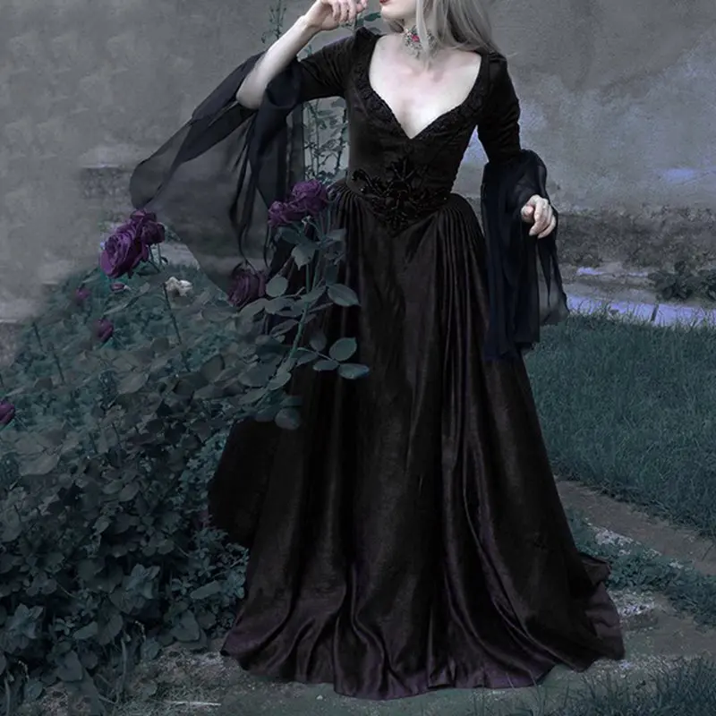 Женское винтажное длинное платье Goth темно черное Сетчатое в стиле ретро на осень