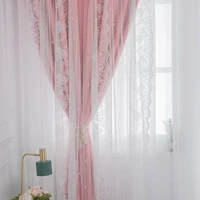 pink girls blackout curtains double layer kid darkening curtain flower embroidered voile mix match window treatment drape tj6549