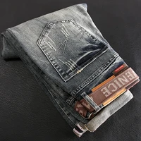 newly vintage fashion men jeans retro distressed elastic slim ripped jeans men embroidery patchwork designer hip hop denim pants