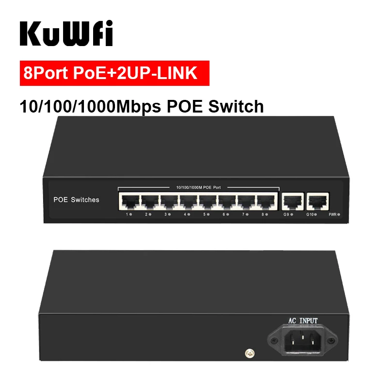 KuWFi 10/100/1000 / 8 POE   2 RJ45 Uplink  IEEE 802, 3, IEEE 802.3u, IEEE 802.3ab, IEEE802.3af/     ethernet