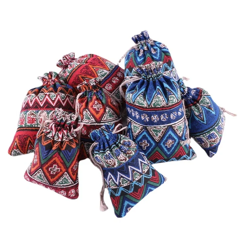 

High Quality Ethnic Style Drawstring Printing Cotton Bag Jewelry Exhibit Packaging Bag Children's Travel Snack Apple Storage Bag