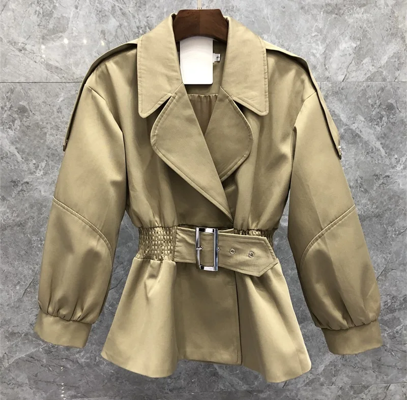 

High Quality Outerwear Coats 2021 Autumn Winter Clothing Women Elastic Waist Buckle Deco Long Sleeve Casual Khaki Black Coats