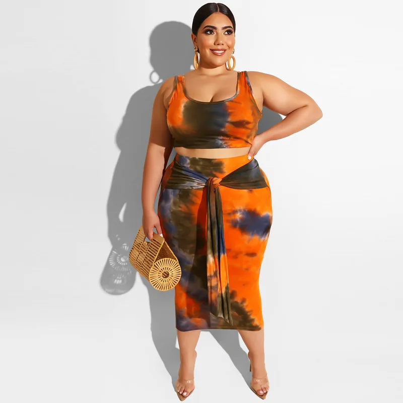 

Women's Dress Suit Plus Size 2021 Summer New Style Tight Sexy Buttocks Navel Two-piece Suit Tie Dye Printing