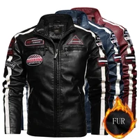 men fallwinter fleece motorcycle faux leathe jacket stitching color embroidery slim biker jacket casual mens clothing chaqueta