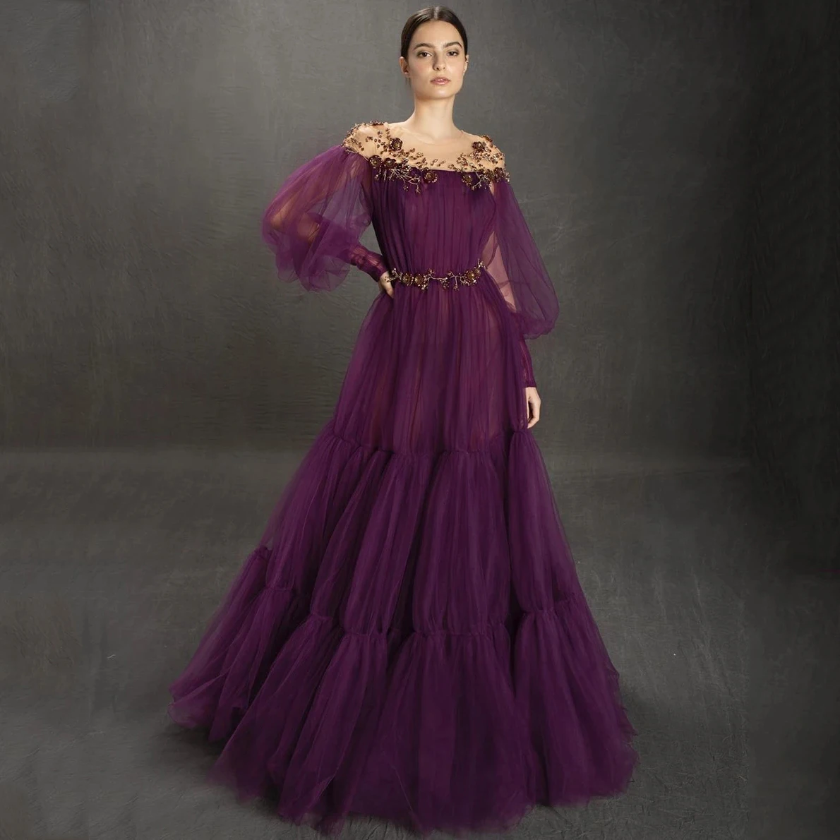 

Purple Pretty Elegant Prom Dresses Puff Long Sleeves Beaded Long Tulle A-Line Women Formal Evening Party Gowns Custom Made