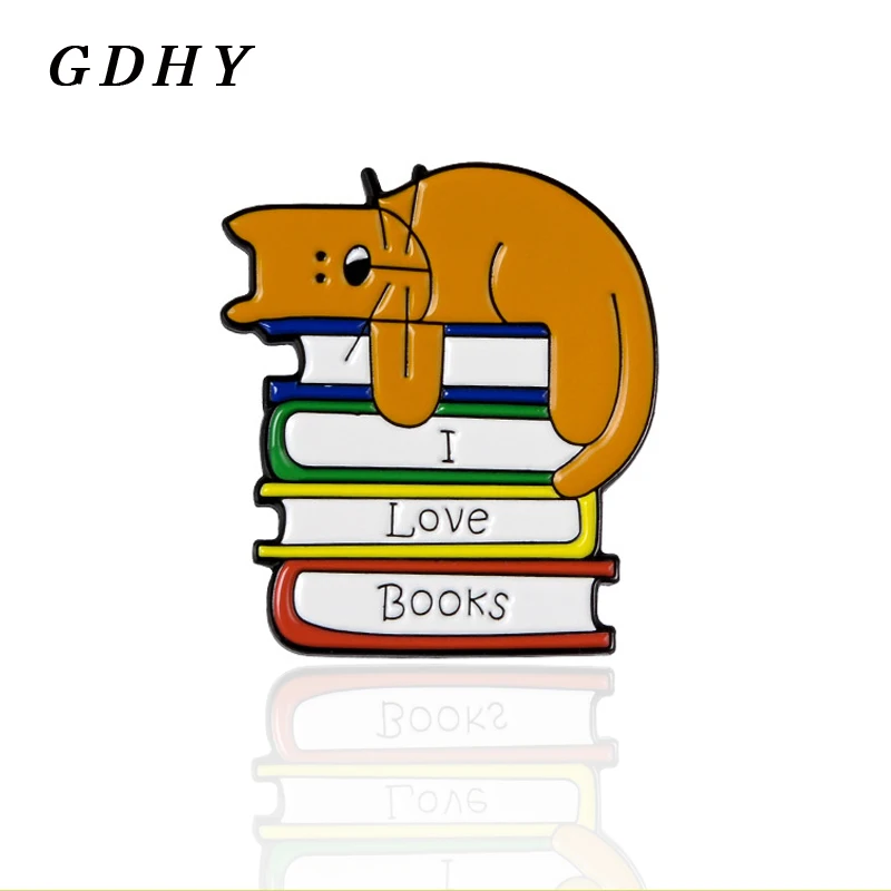 GDHY я люблю книги эмалированные булавки мультяшный Кот чтение объятия броши книга