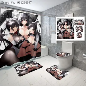 sexy cute anime girls durable waterproof 4pcs shower curtain set with non slip bathroom mat rugs toilet lid cover u shaped mat free global shipping