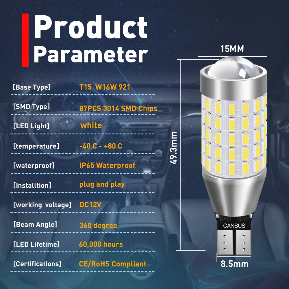 Светодиодные лампы Canbus T15 W16W 920 912 3014SMD 12 В для BMW Mercedes Benz W203 W211 W204 Mazda 2 шт. 1200 лм |