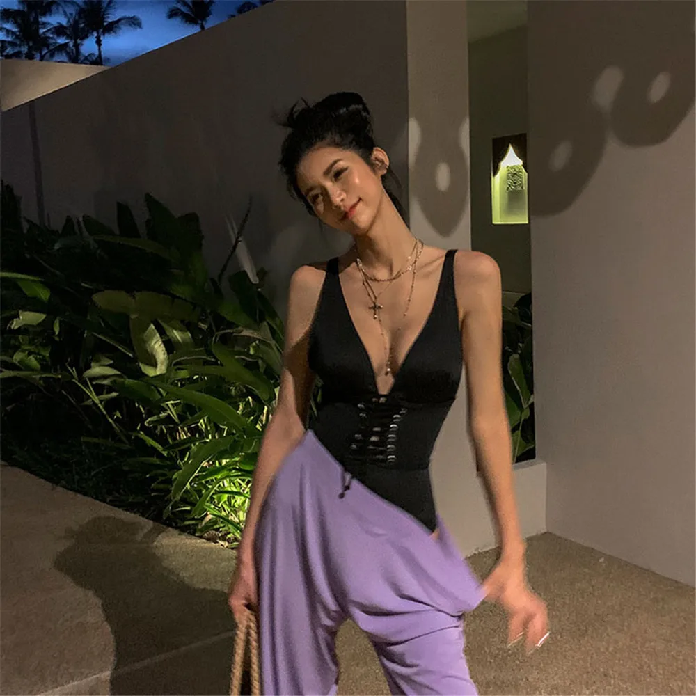 Сексуальный цельный купальник с высоким вырезом Женская однотонная одежда для