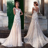 sexy champagne o neck sheath applique lace wedding dress 2021 robe de mariee design for bride dresses
