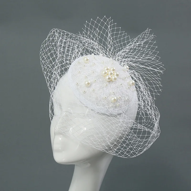 

White Pearls Beads Elegant Linen Yarn Wedding Blusher Veil Sombreros de mujer Women's Hat Chapeau Femme Evening Paty HeadPiece