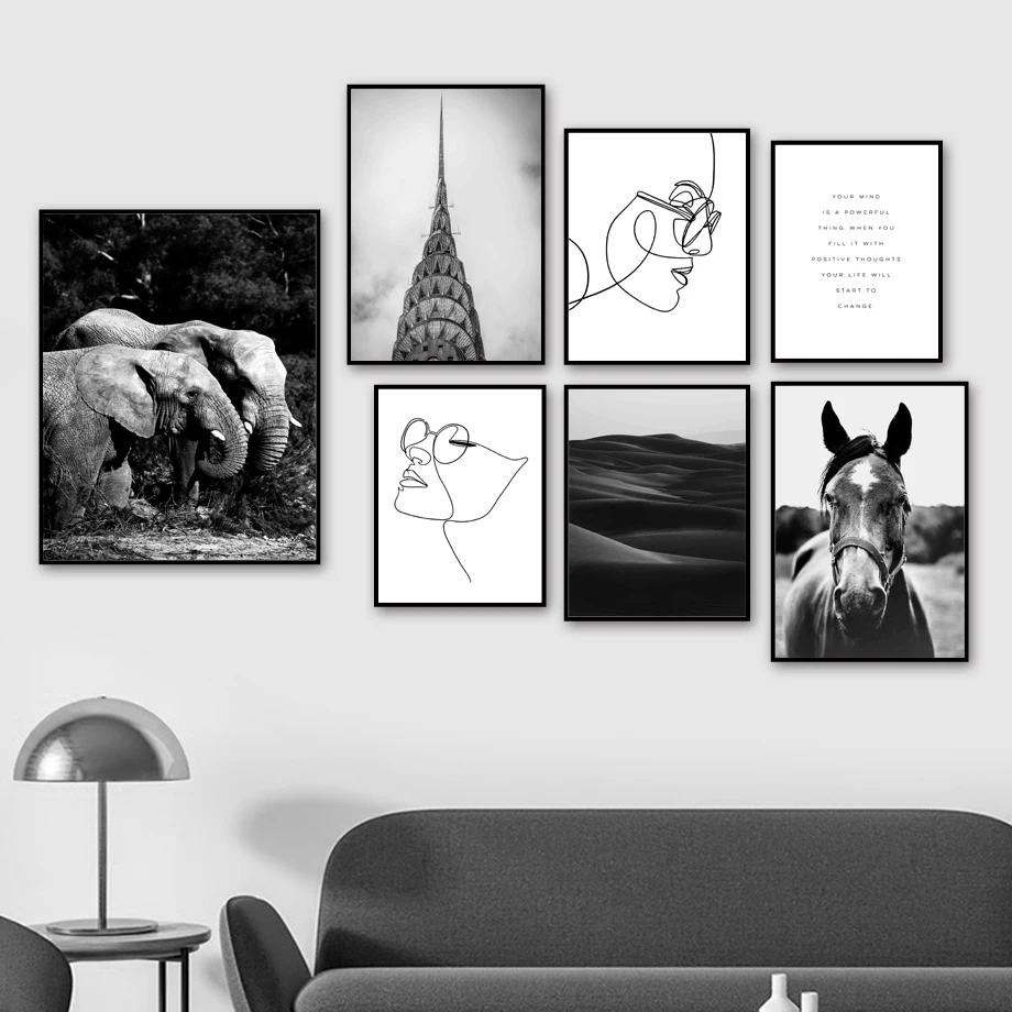 

Elephant Horse Line Girl Dune Black White Wall Art Canvas Painting Nordic Posters And Prints Wall Pictures For Living Room Decor