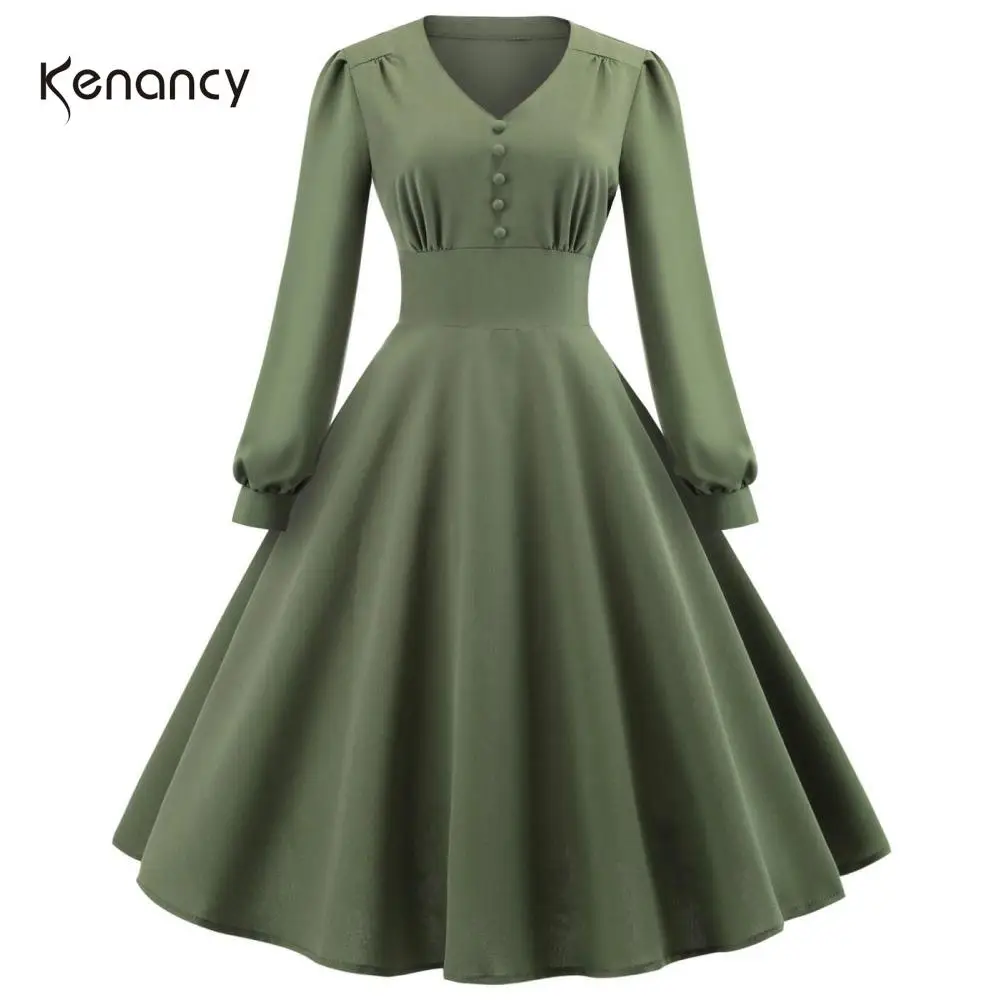 Женское платье с длинным рукавом-фонариком V-образным вырезом и пуговицами |