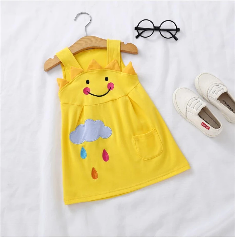 SINGBAIL Toddler Baby Girls Smile Emoticon Weather Rain Day Print Sleeveless Cartoon Sun Cloud Pocket 3D Dress Clothes New | Детская
