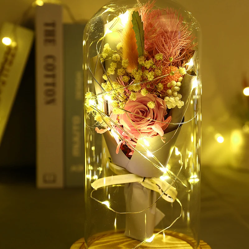 

1pc Valentine's Day Red Rose In A Glass Dome On A Wooden Base For Valentine's Gifts LED Rose Lamps Romantic Gifts
