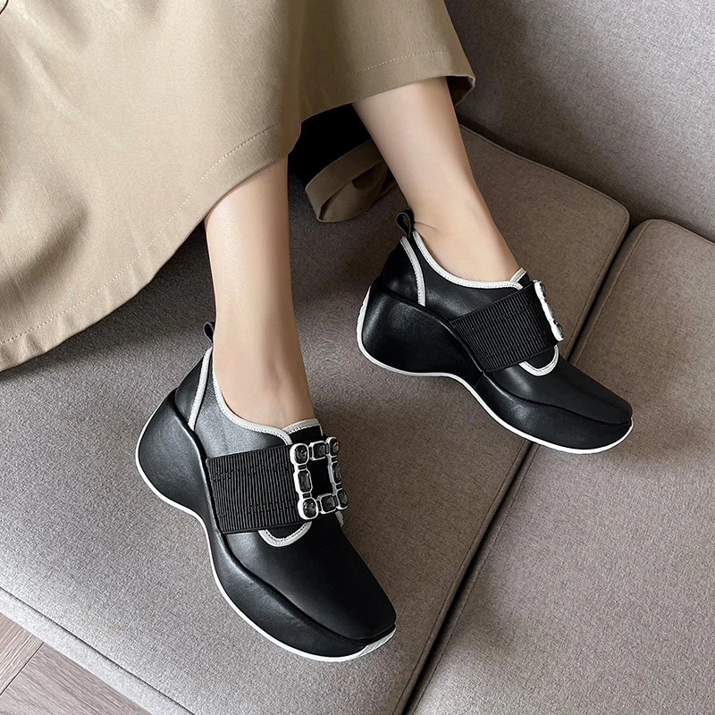 

Women Platform Shoes Square Toe Heels Black Loafers Party for Wedges Luxury Brand High Quality Leather Designer 2021 New Fashion