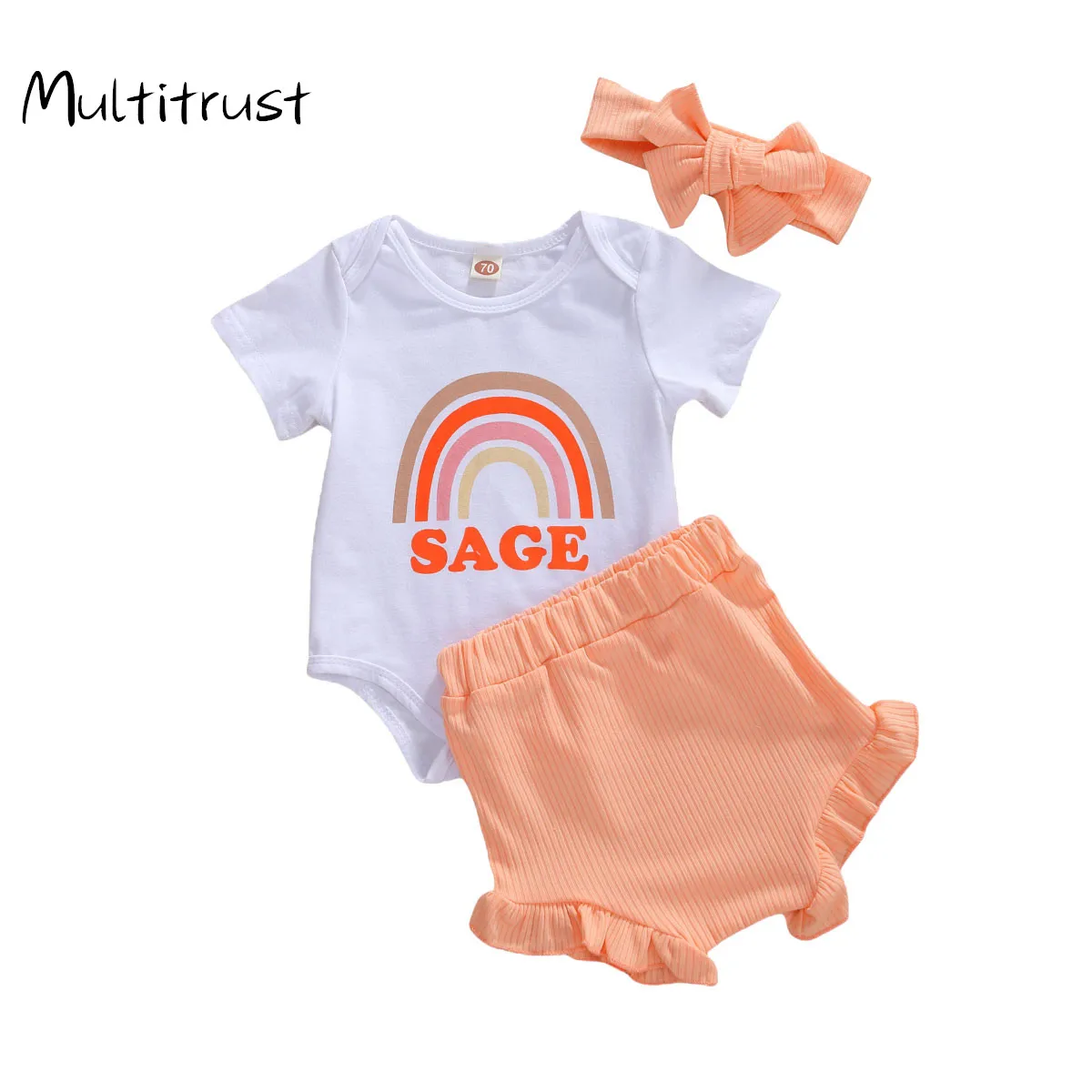 

Multitrust 2020 Infant Baby Girl Clothes Short Sleeve Rainbow Bodysuit+ Pink Shorts +Headband 3pcs Outfits 0-24M