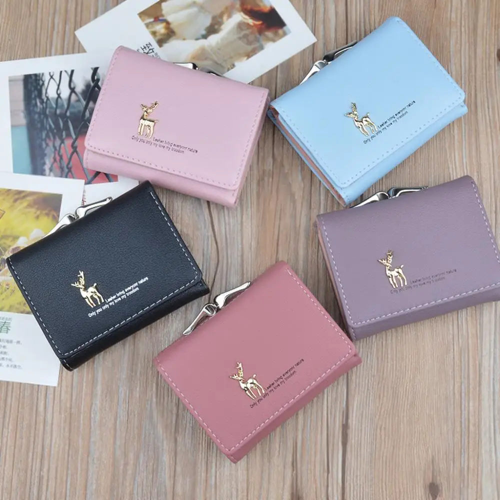 Cute Deer Women Mini Wallet Short Leather Wallet Girl Folding Wallets Clutch Pu Card Holder Ladies Purses Retro Coin Purse L*5